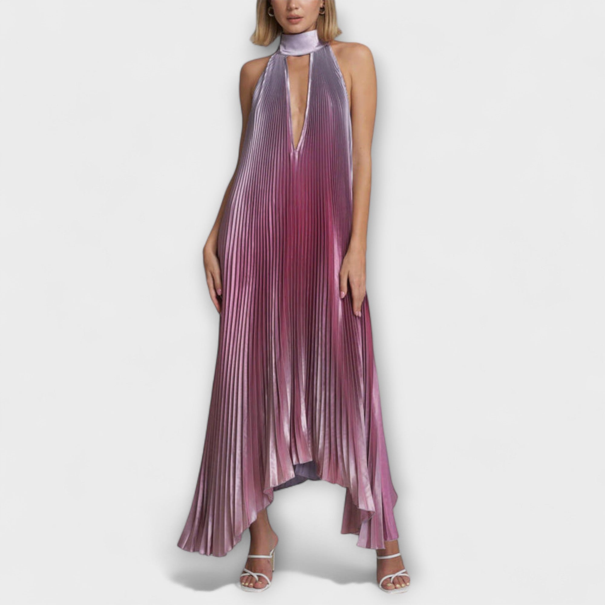 Vida - Elegancka plisowana sukienka midi bez pleców z dekoltem i rami?czkami