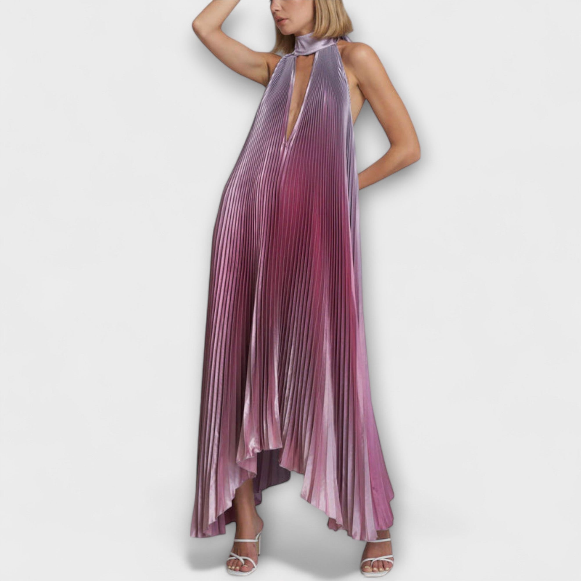 Vida - Elegancka plisowana sukienka midi bez pleców z dekoltem i rami?czkami