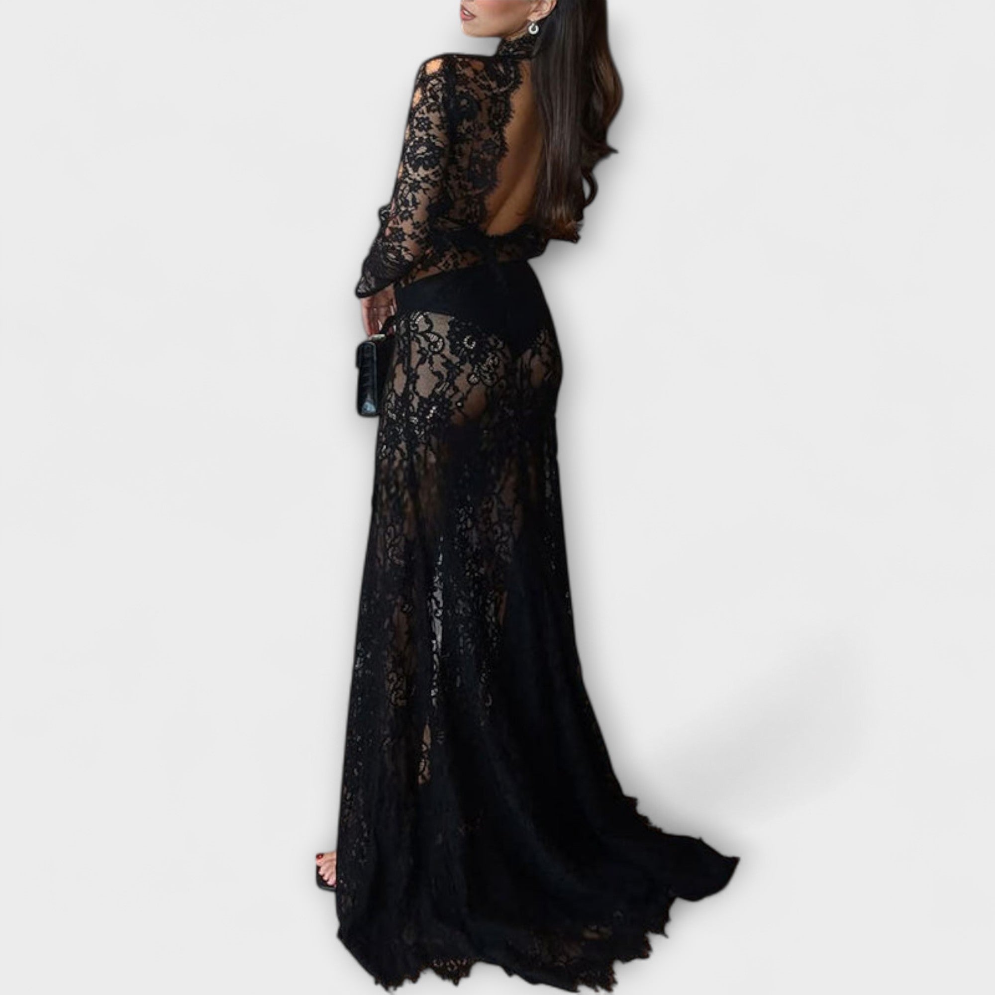 Azalea - Midnight Elegance Przezroczysta sukienka maxi z d?ugim r?kawem i d?ugim wyci?ciem