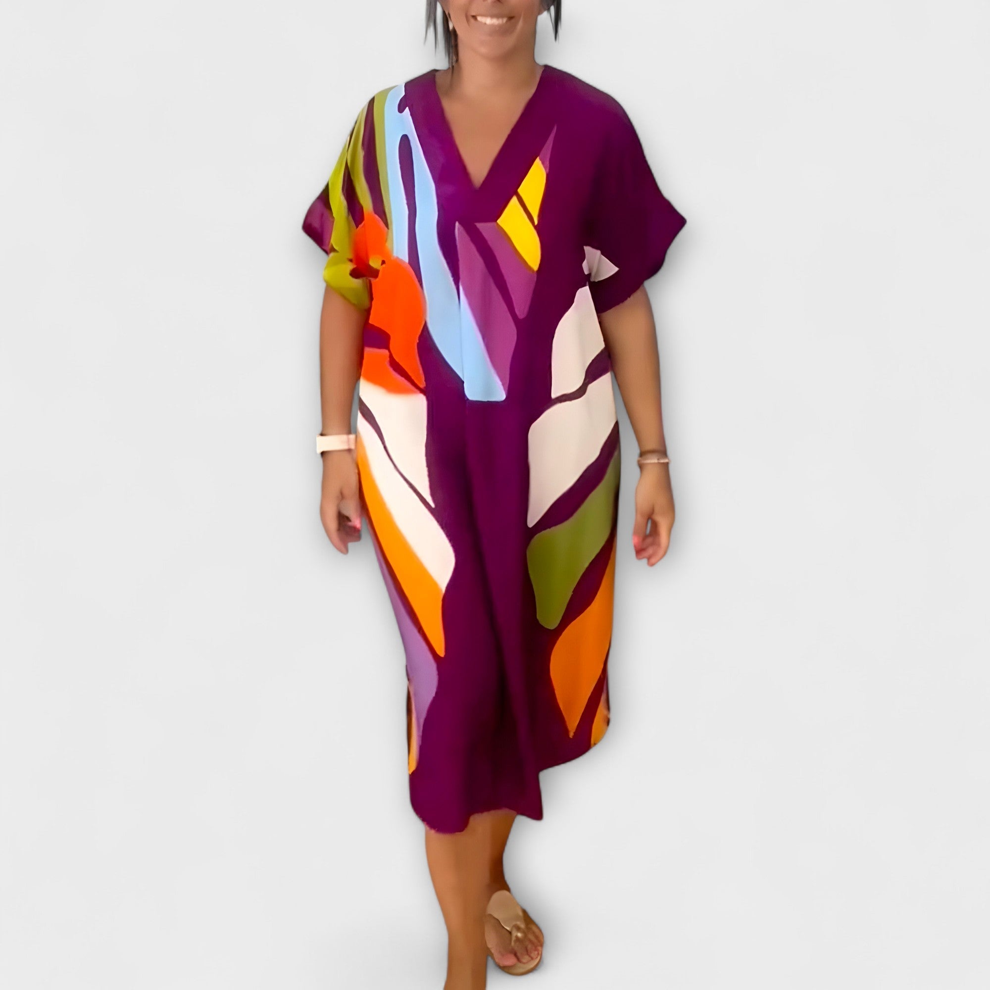 Roos - Lu?na sukienka z kolorowym nadrukiem li?ci