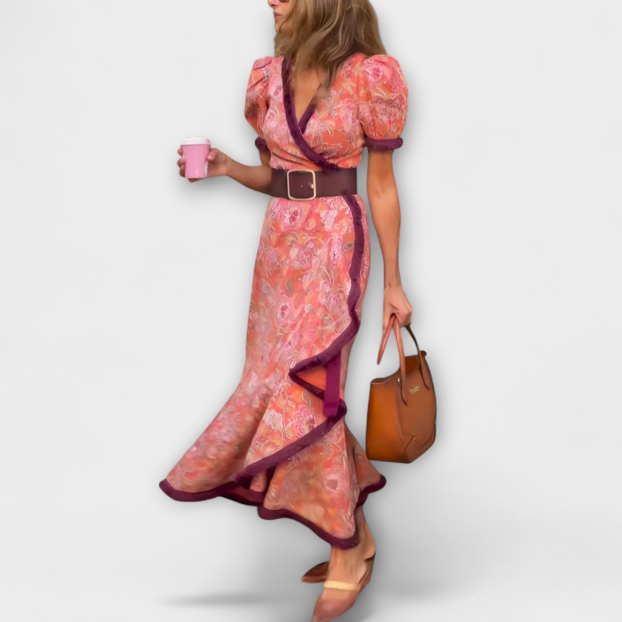Elegancka ró?owa sukienka maxi z krótkim r?kawem
