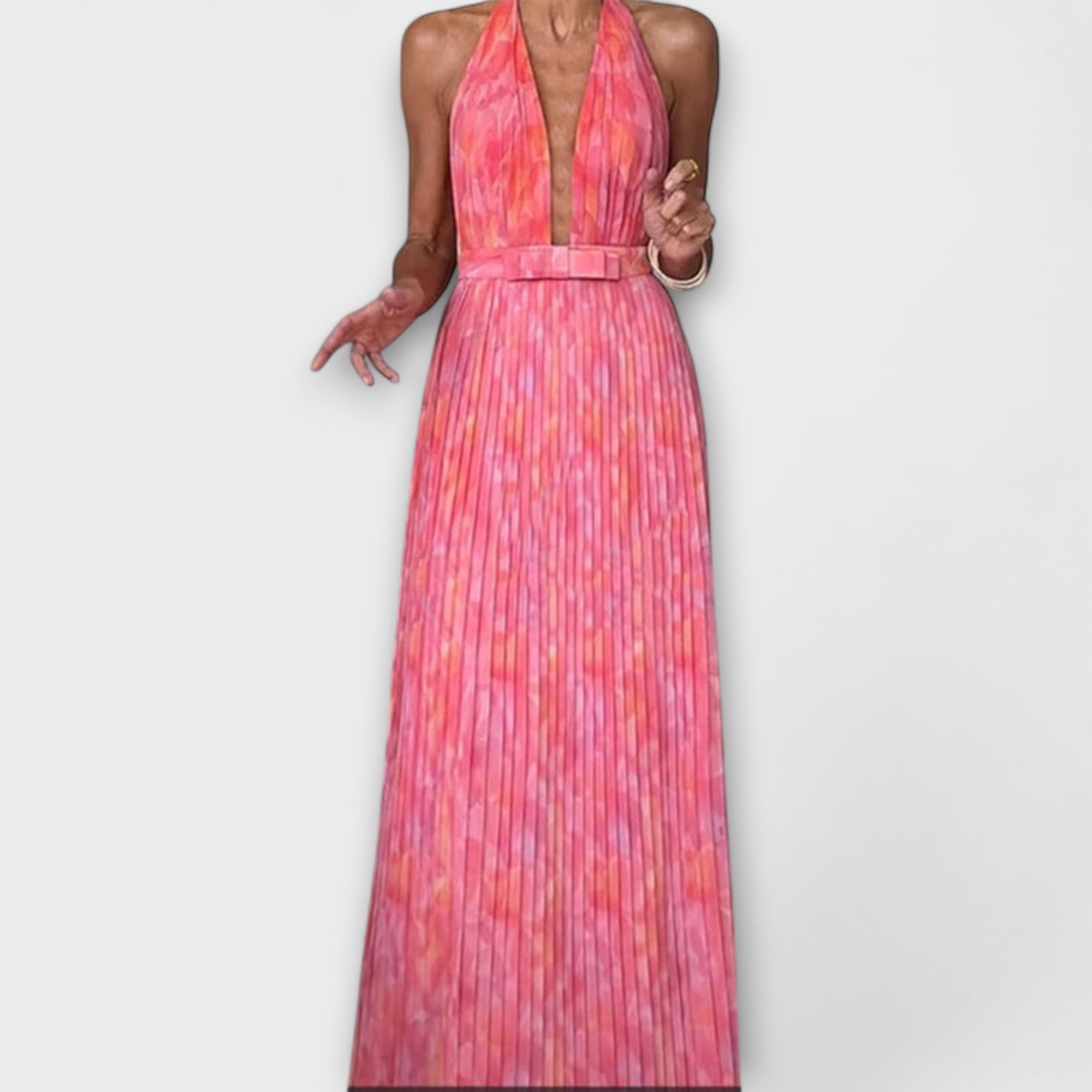 Seraphina - Elegancka plisowana sukienka maxi z dekoltem w szpic i dekoltem w szpic