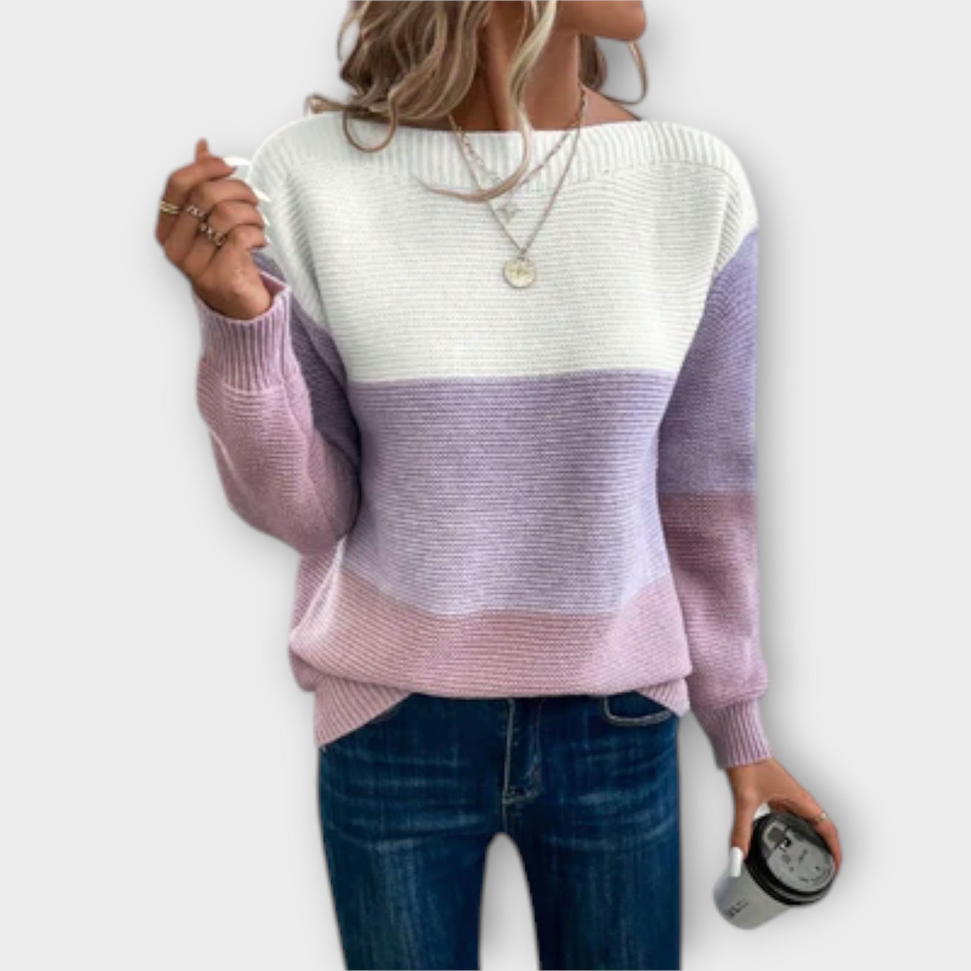 Clara - Elegancki trzykolorowy patchworkowy sweter