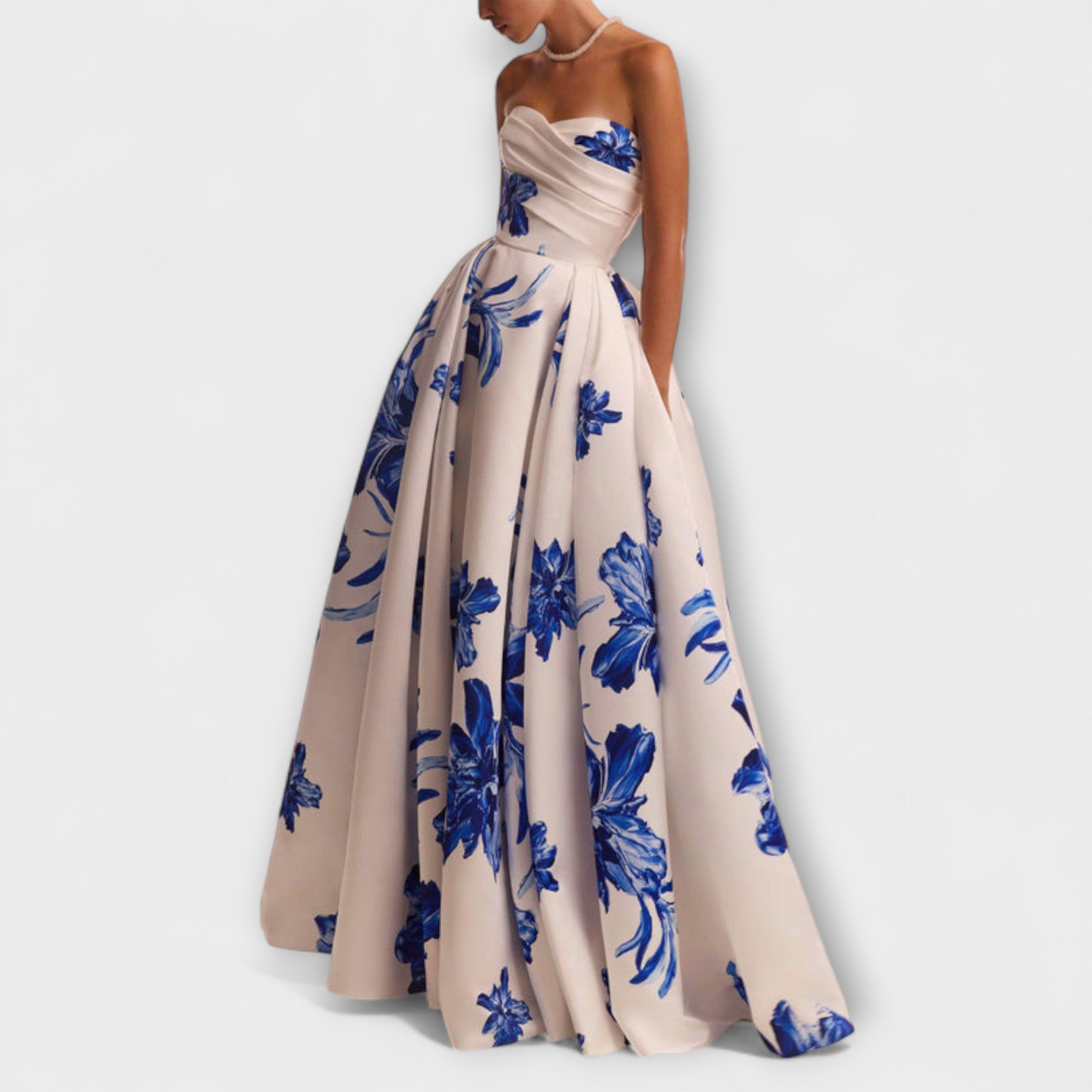 Rosalie - elegancka kwiecista sukienka maxi z odkrytymi ramionami