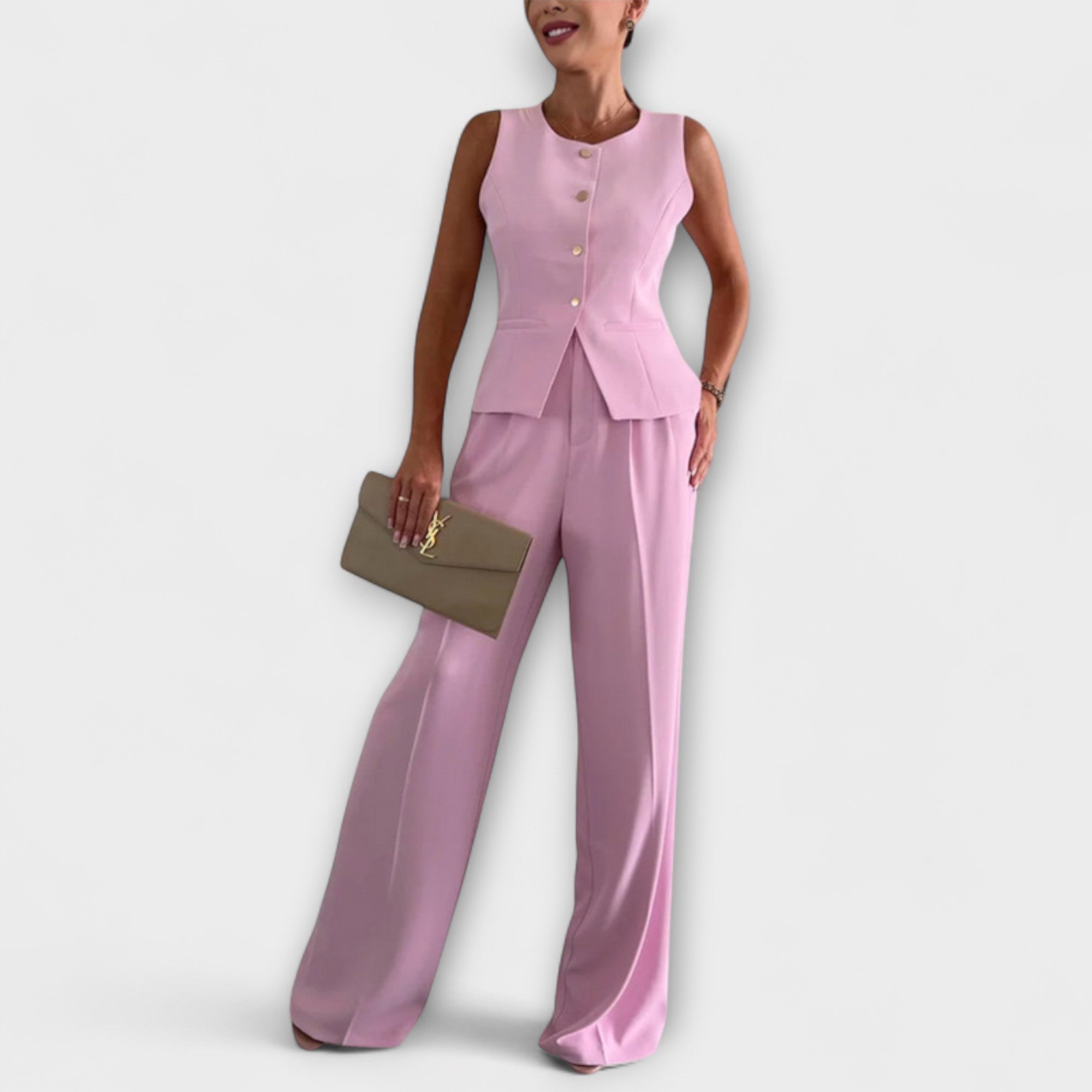 Wilhelmina - Elegancki top bez r?kawów i spodnie