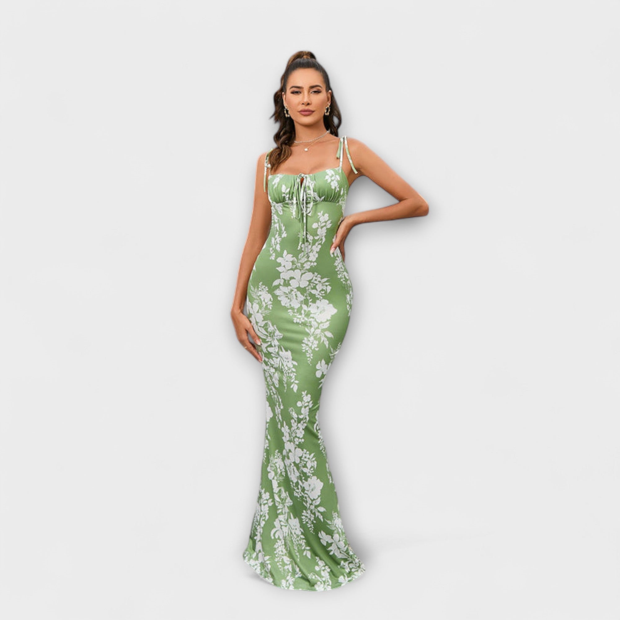 Thalia - sukienka na studniówk? w kwiatowy nadruk z wi?zanymi rami?czkami