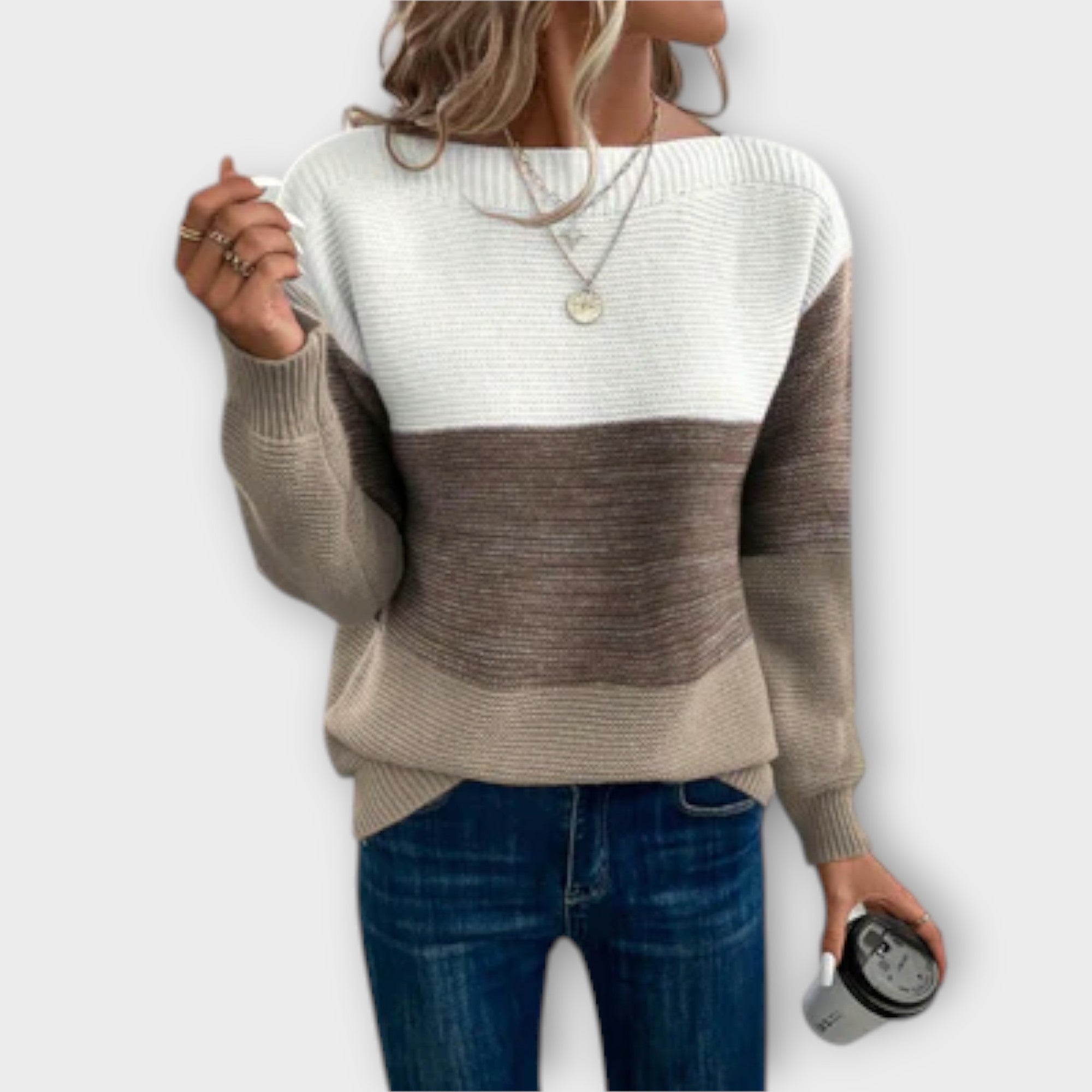 Clara - Elegancki trzykolorowy patchworkowy sweter
