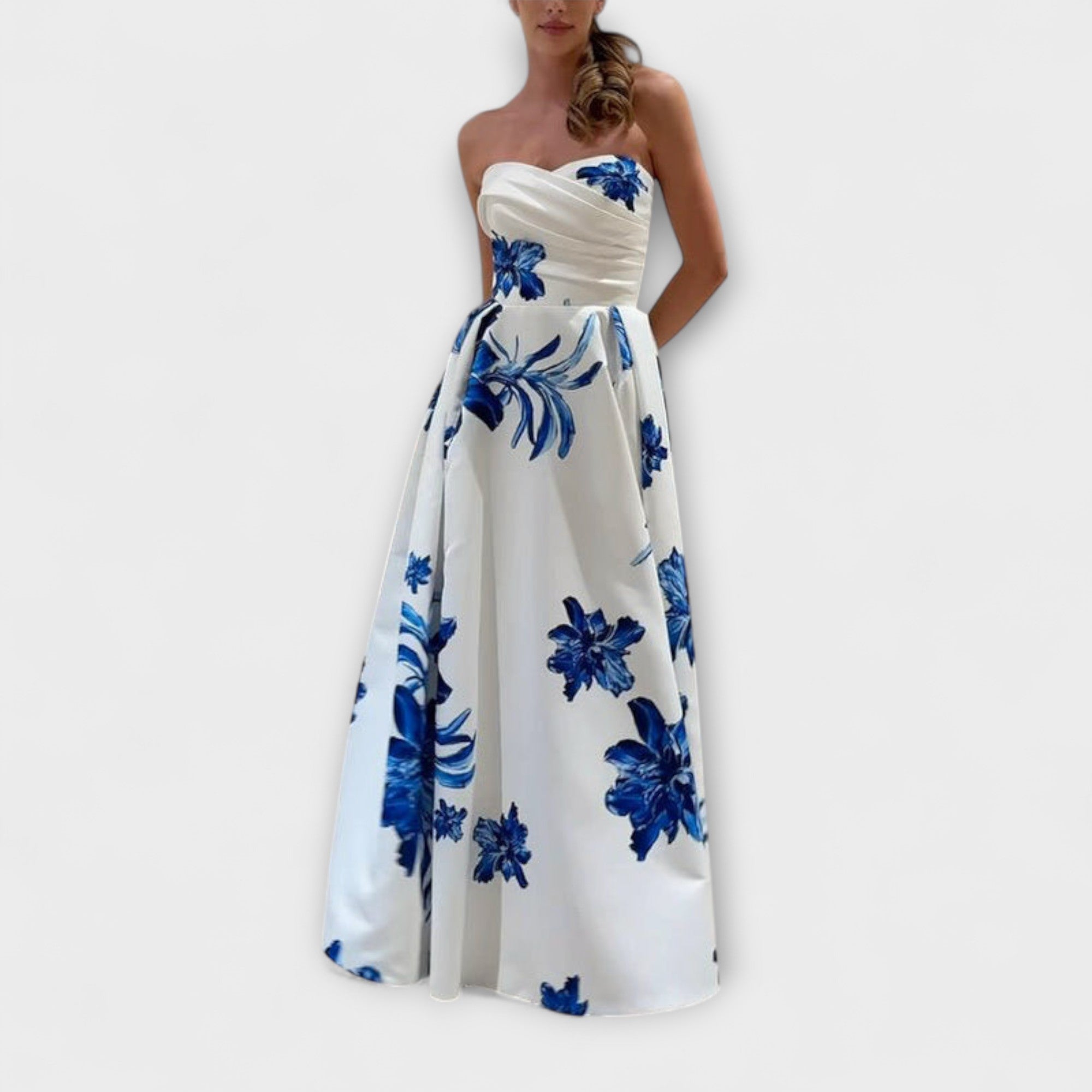 Rosalie - elegancka kwiecista sukienka maxi z odkrytymi ramionami
