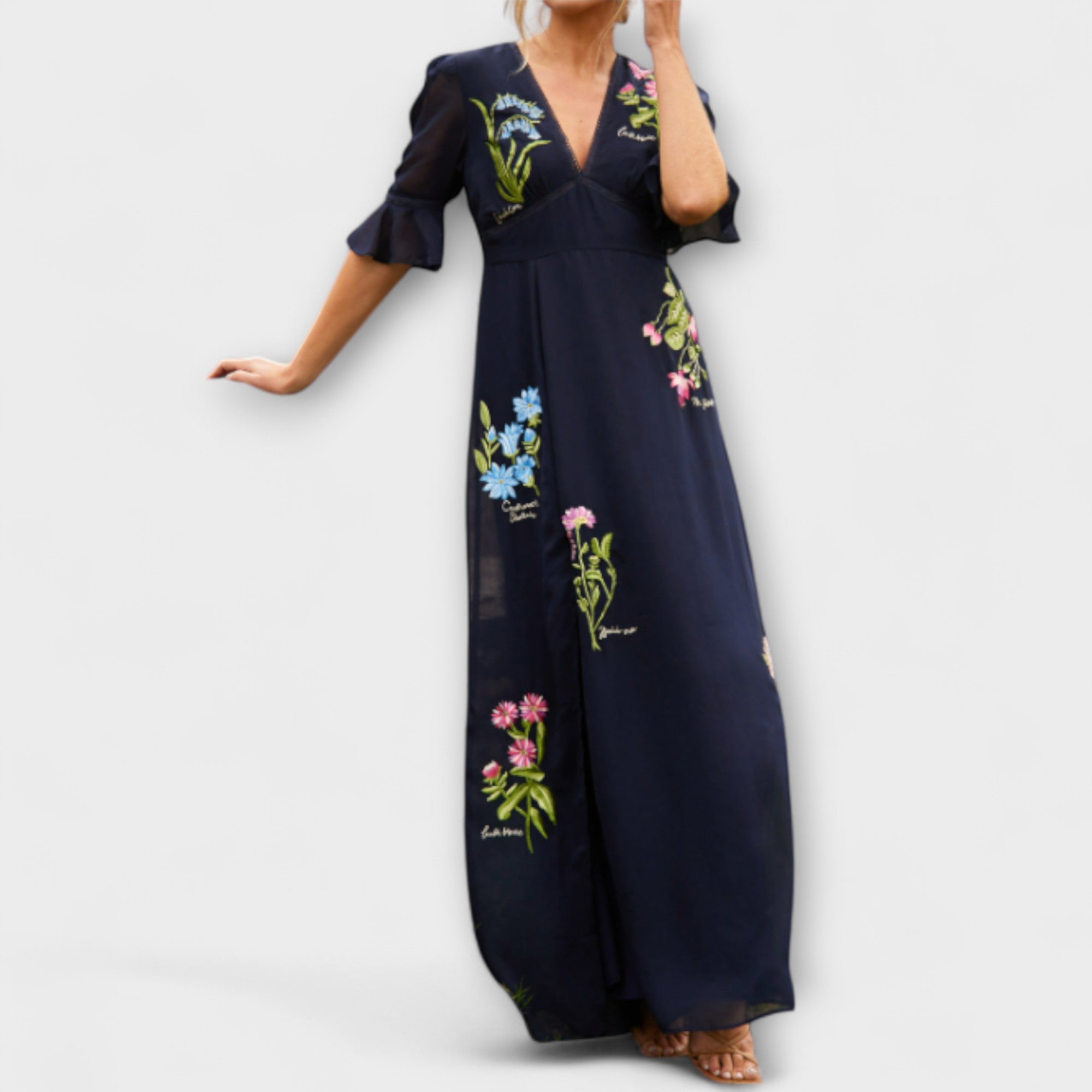 Beatrice - Elegancka granatowa sukienka z kwiatowym haftem