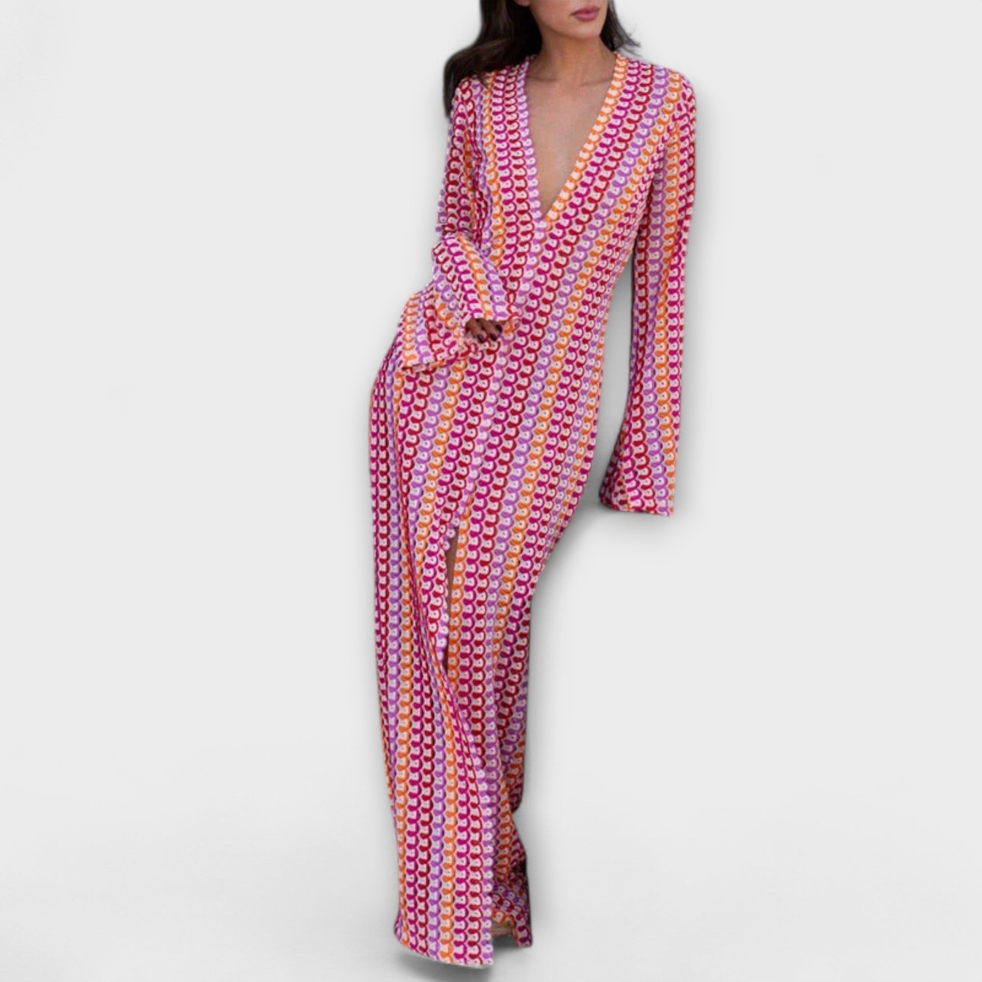 Elina – sukienka maxi z dekoltem w serek i wakacyjnym sznytem