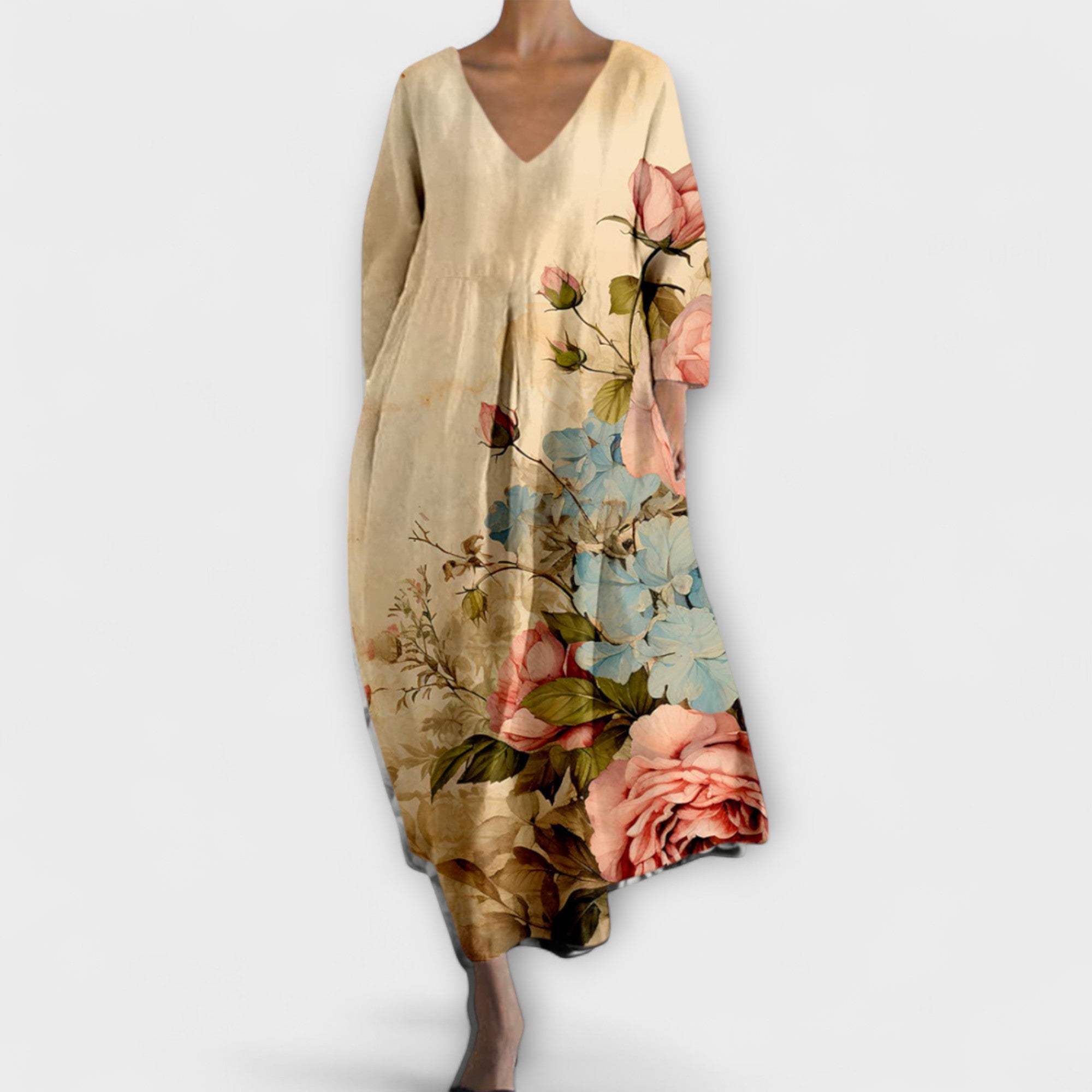 Fiona - d?uga kolorowa sukienka z dekoltem w serek