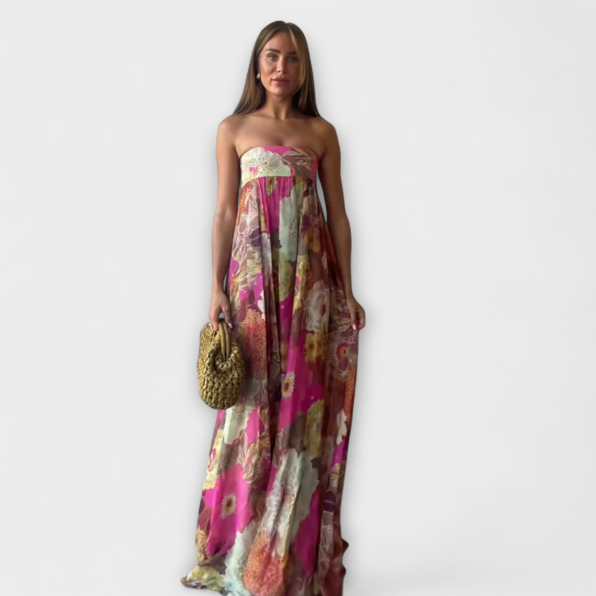 Elegancka plisowana sukienka maxi w stylu retro bez rami?czek