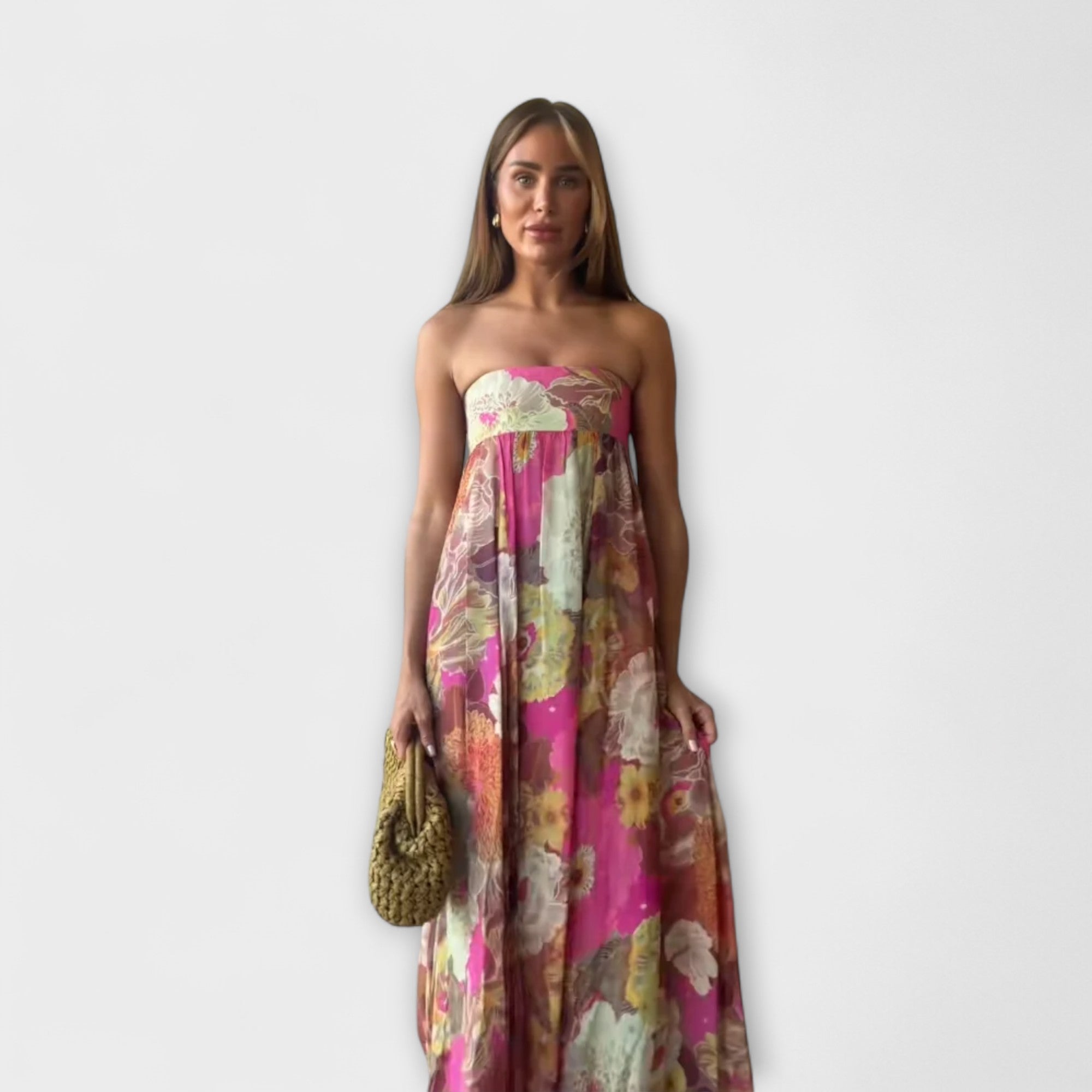 Elegancka plisowana sukienka maxi w stylu retro bez rami?czek