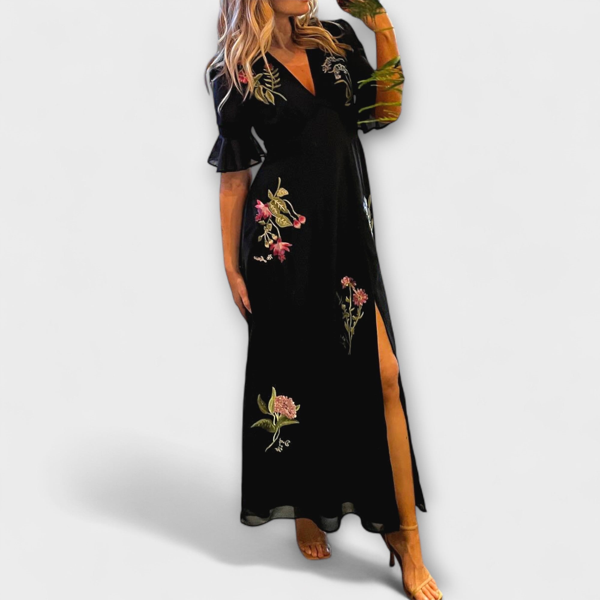 Beatrice - Elegancka granatowa sukienka z kwiatowym haftem