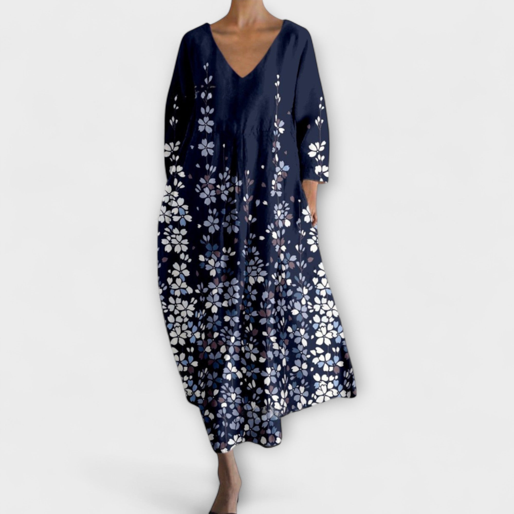 Fiona - d?uga kolorowa sukienka z dekoltem w serek