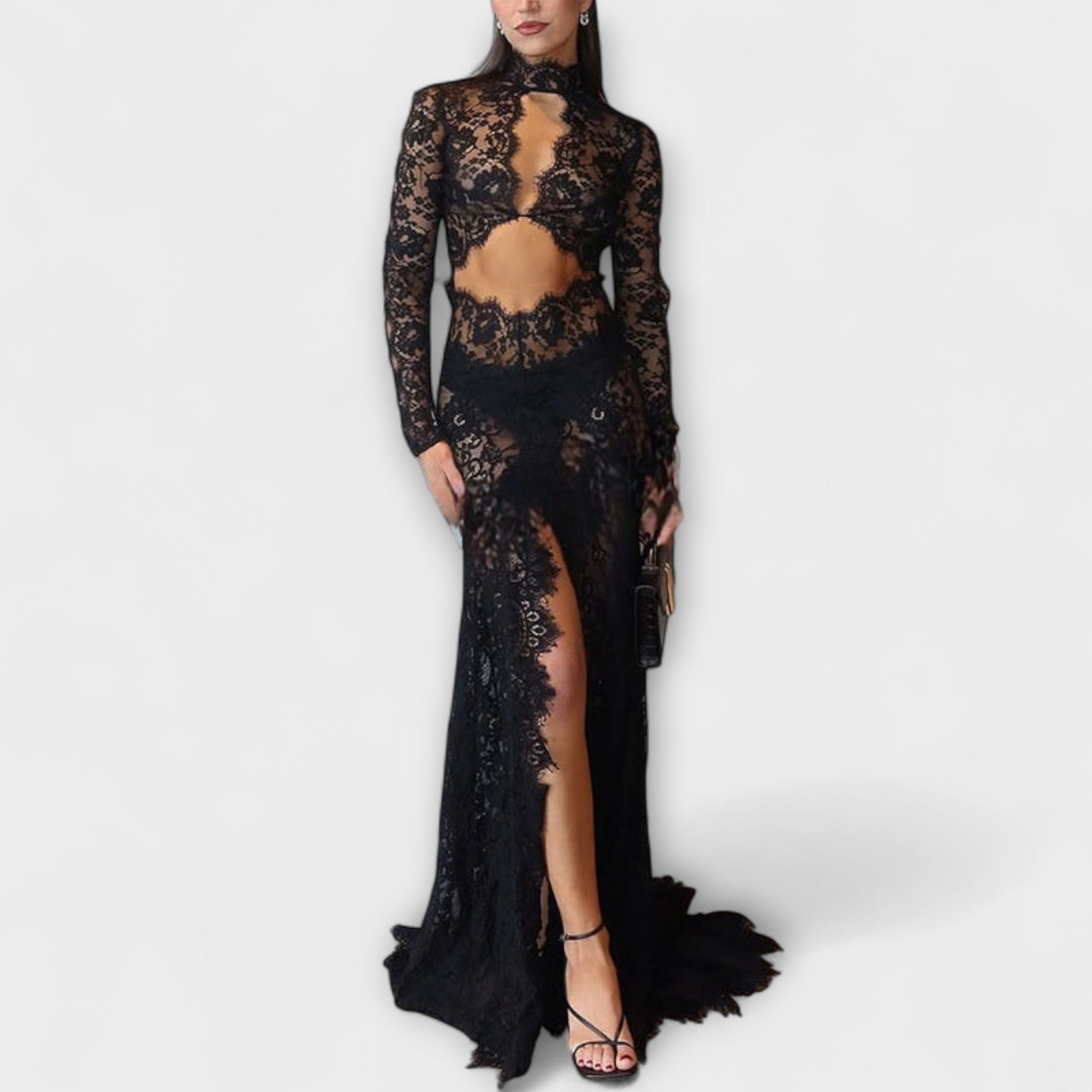 Azalea - Midnight Elegance Przezroczysta sukienka maxi z d?ugim r?kawem i d?ugim wyci?ciem