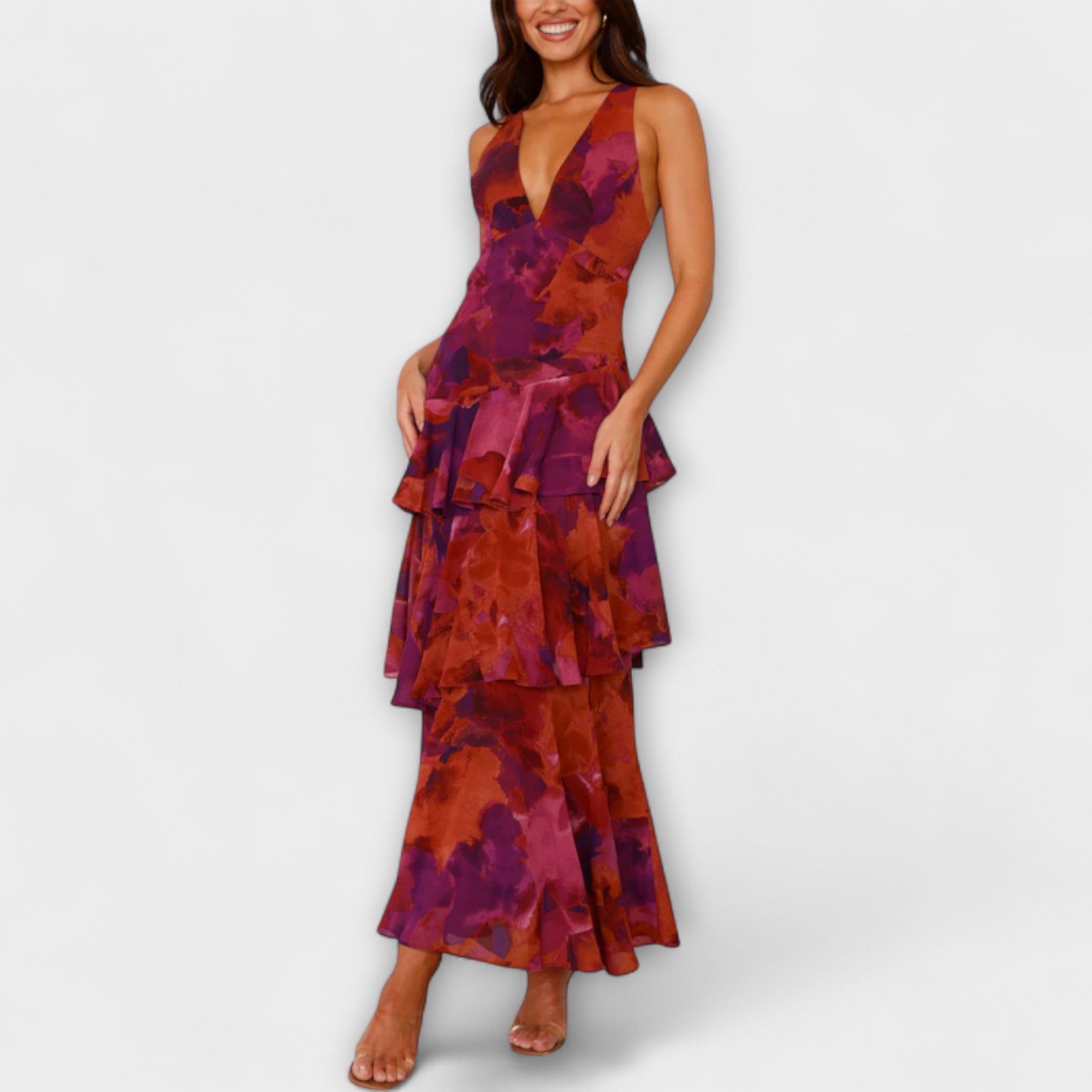 Domenica - Szyfonowa sukienka z dekoltem w serek i warstwami