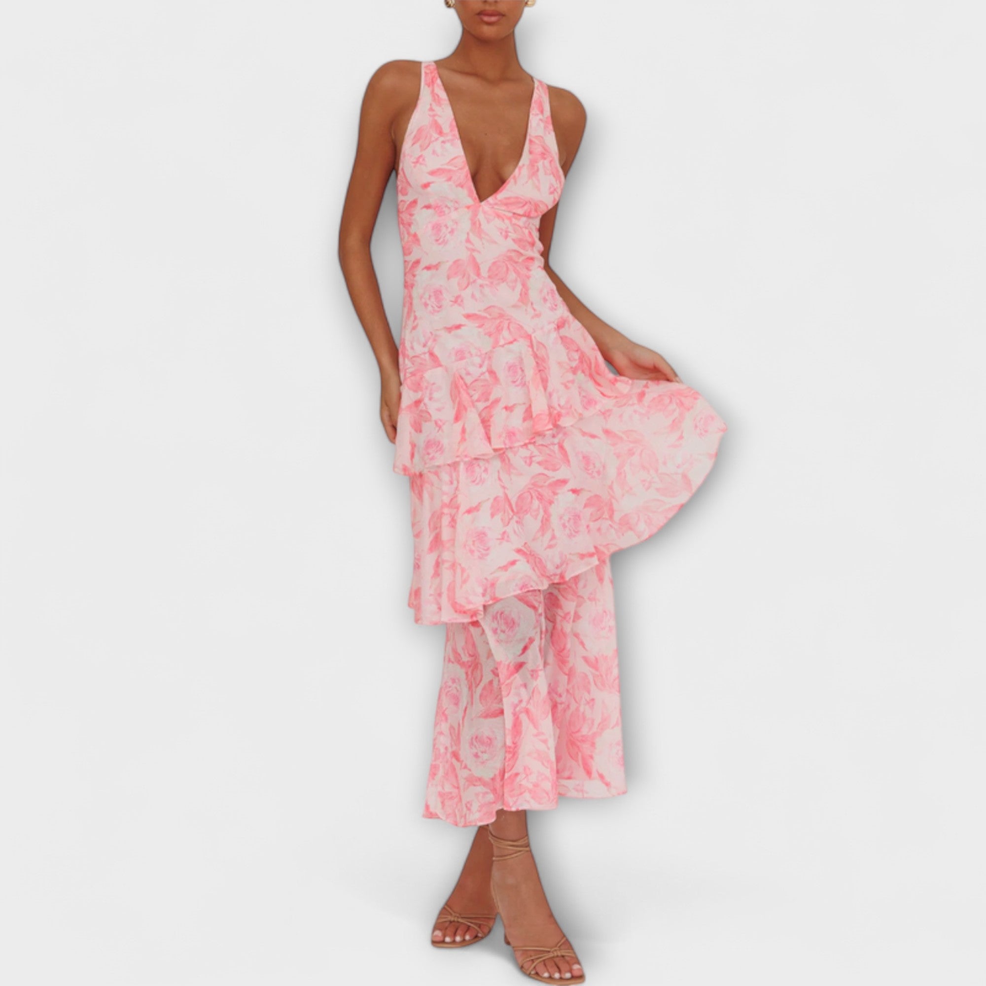 Domenica - Szyfonowa sukienka z dekoltem w serek i warstwami