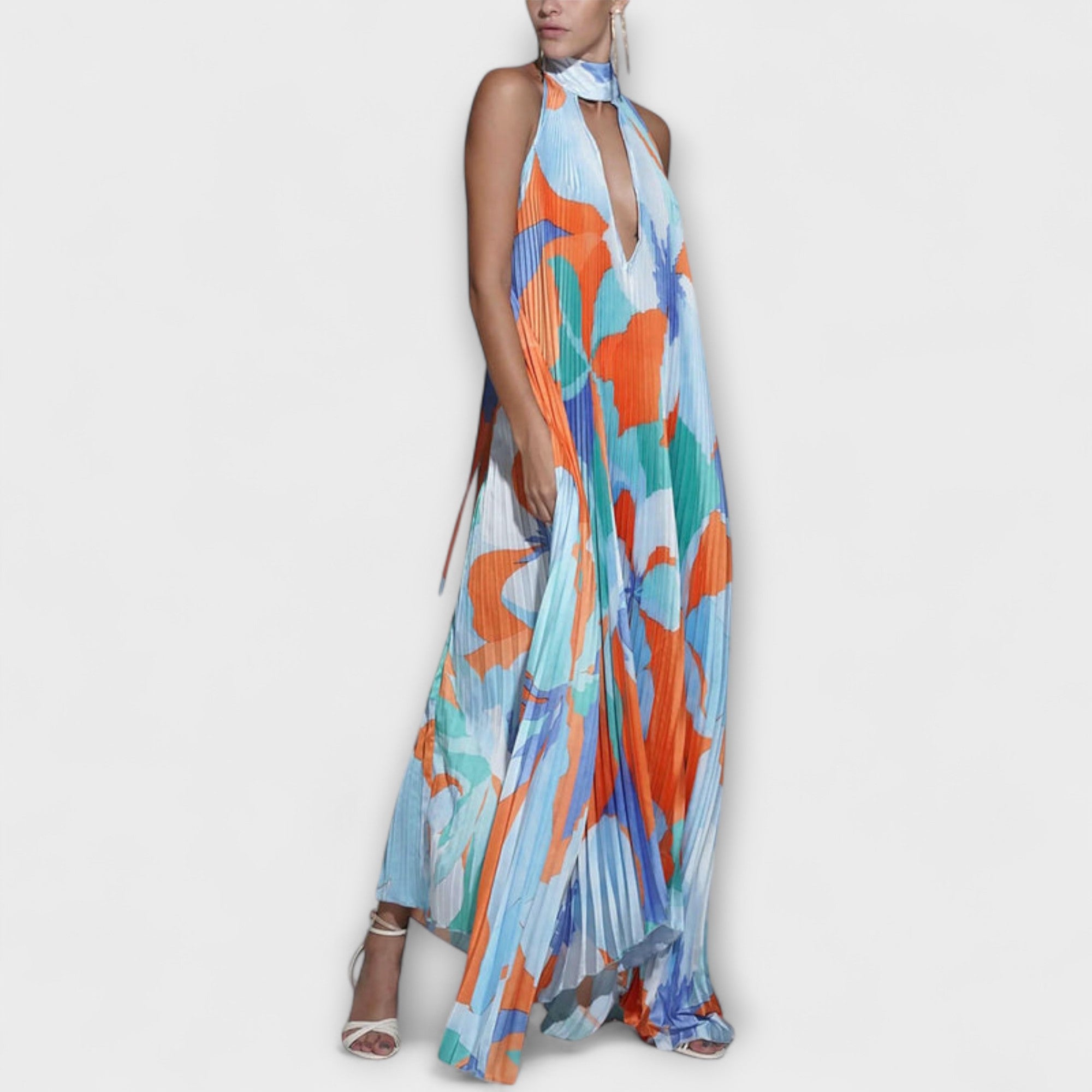 Vida - Elegancka plisowana sukienka midi bez pleców z dekoltem i rami?czkami