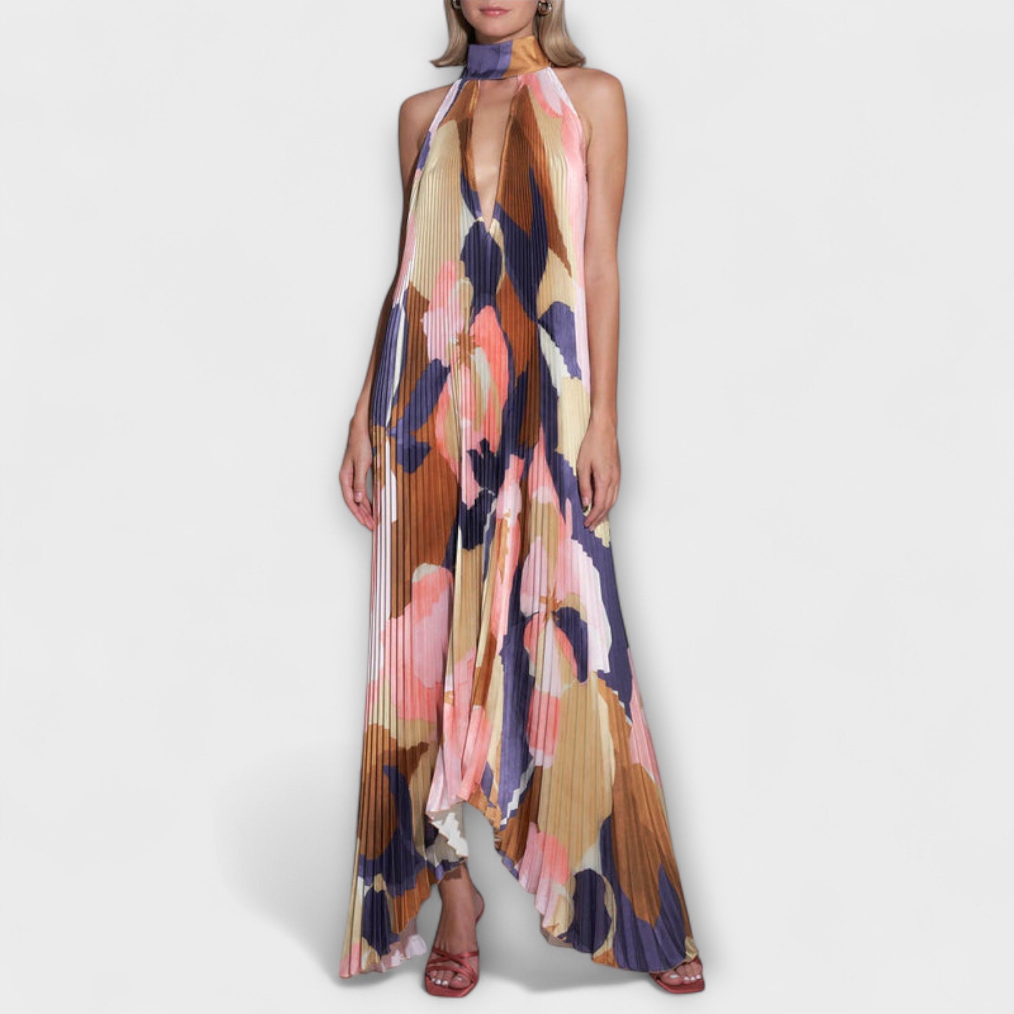 Vida - Elegancka plisowana sukienka midi bez pleców z dekoltem i rami?czkami