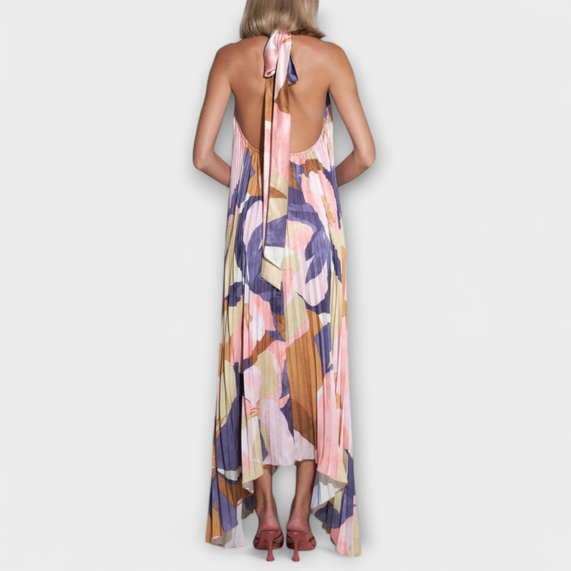 Vida - Elegancka plisowana sukienka midi bez pleców z dekoltem i rami?czkami