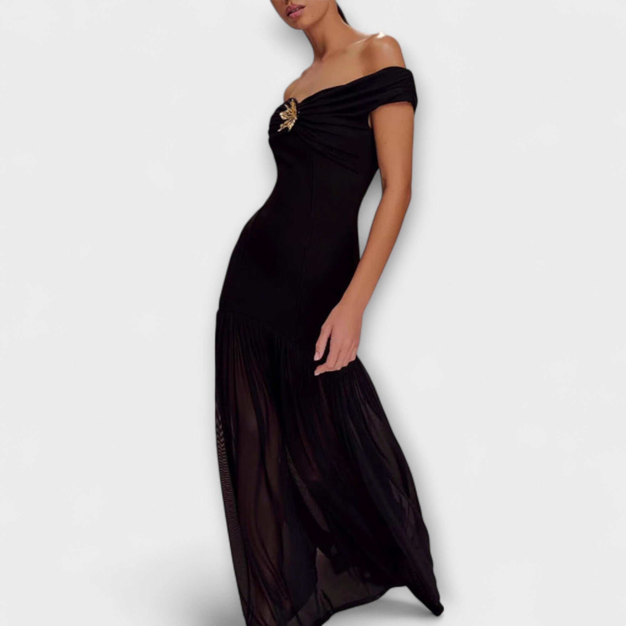 Maelie - Elegancka sukienka maxi bodycon bez rami?czek z kwiatowymi zdobieniami