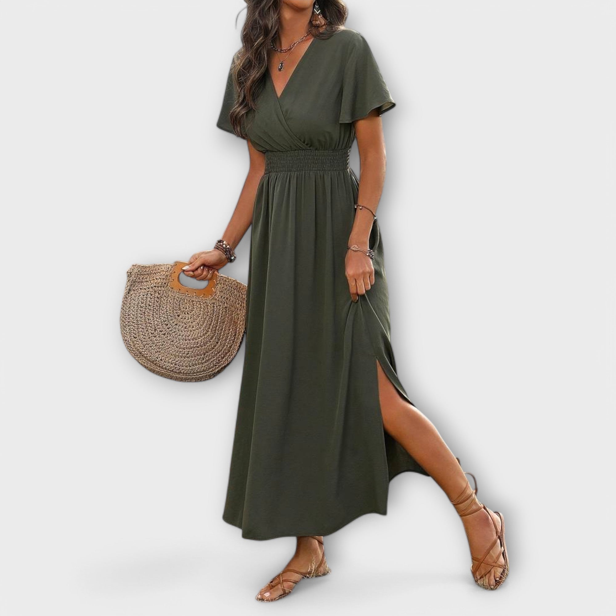 Heather - Elegancka sukienka boho z dekoltem w serek i d?ugim r?kawem