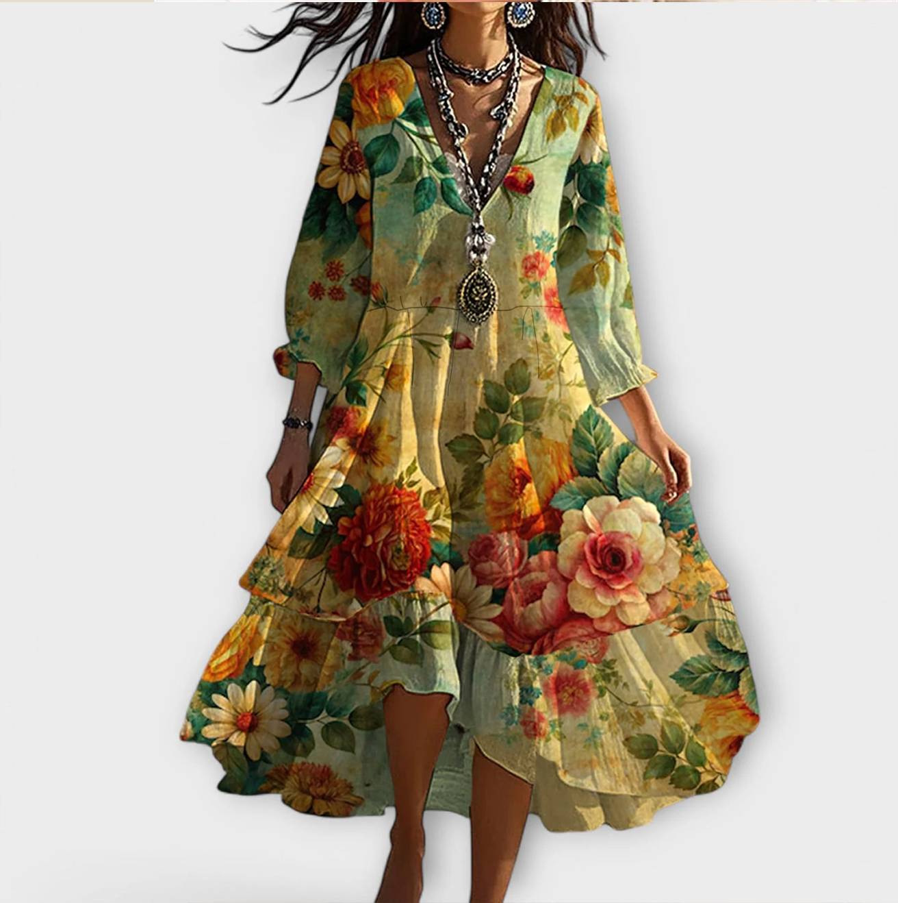 Marina - sukienka w stylu vintage boho z dekoltem w serek w kwiatowy wzór