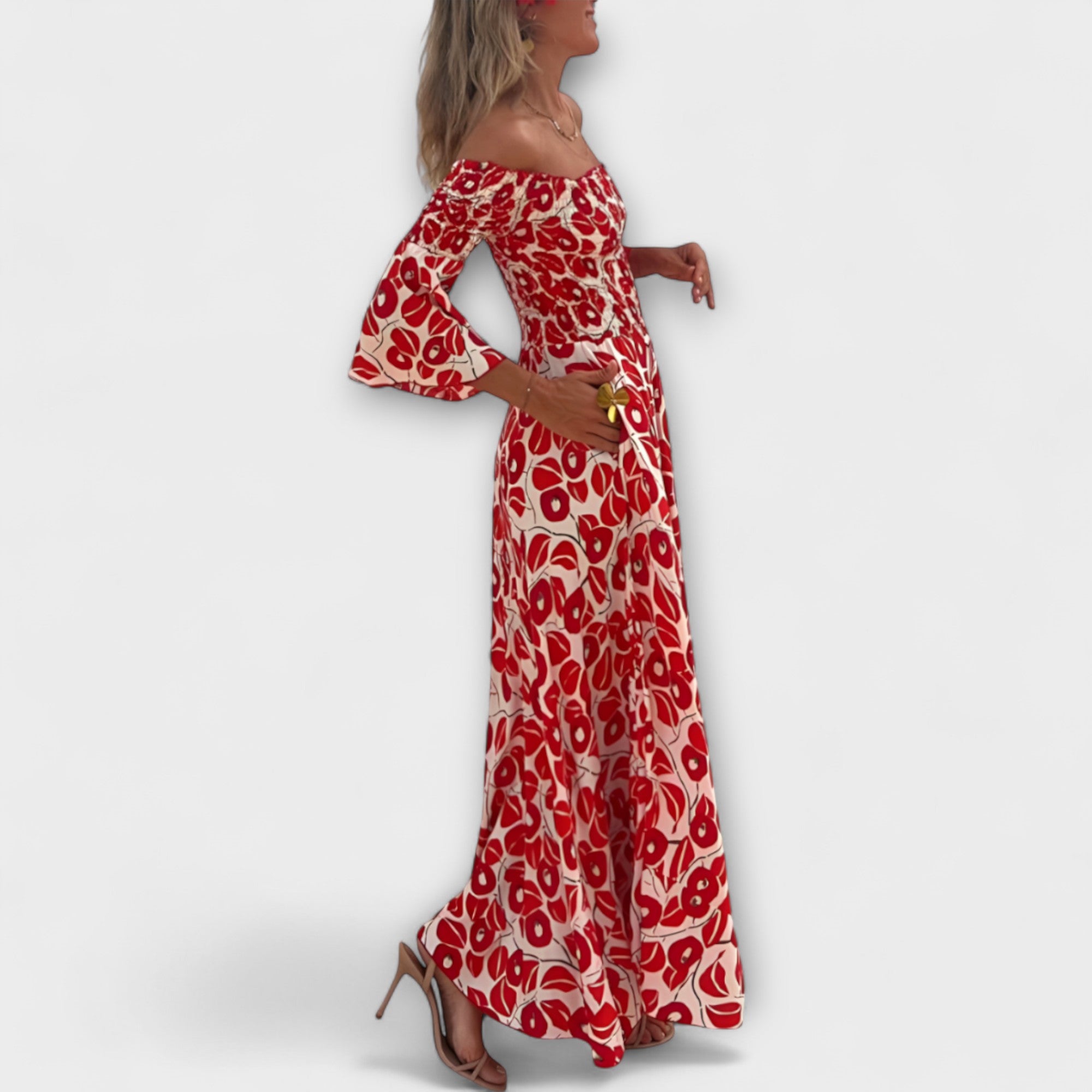 Bella - sukienka z odkrytymi ramionami w morskie kwiaty