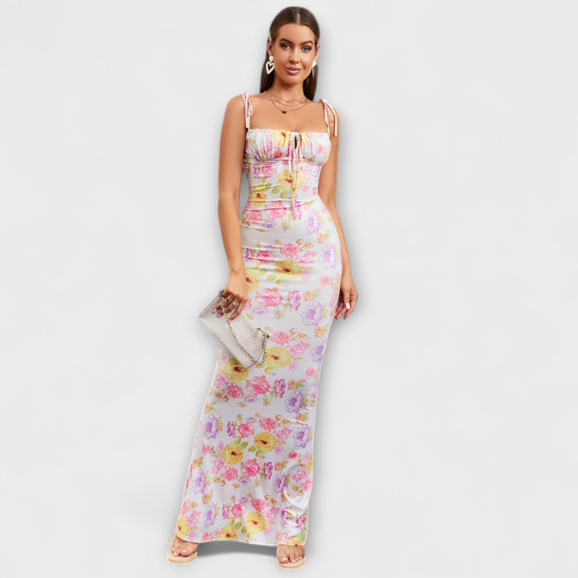 Thalia - sukienka na studniówk? w kwiatowy nadruk z wi?zanymi rami?czkami