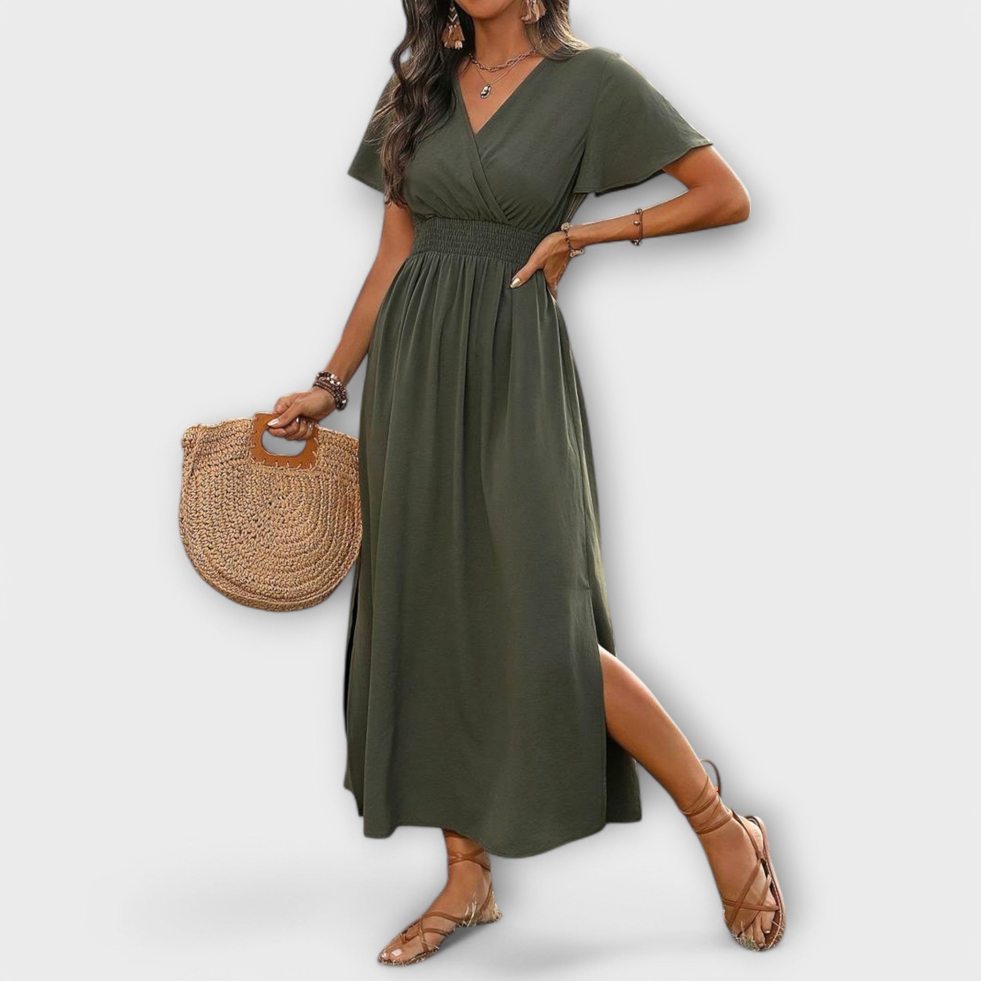 Heather - Elegancka sukienka boho z dekoltem w serek i d?ugim r?kawem
