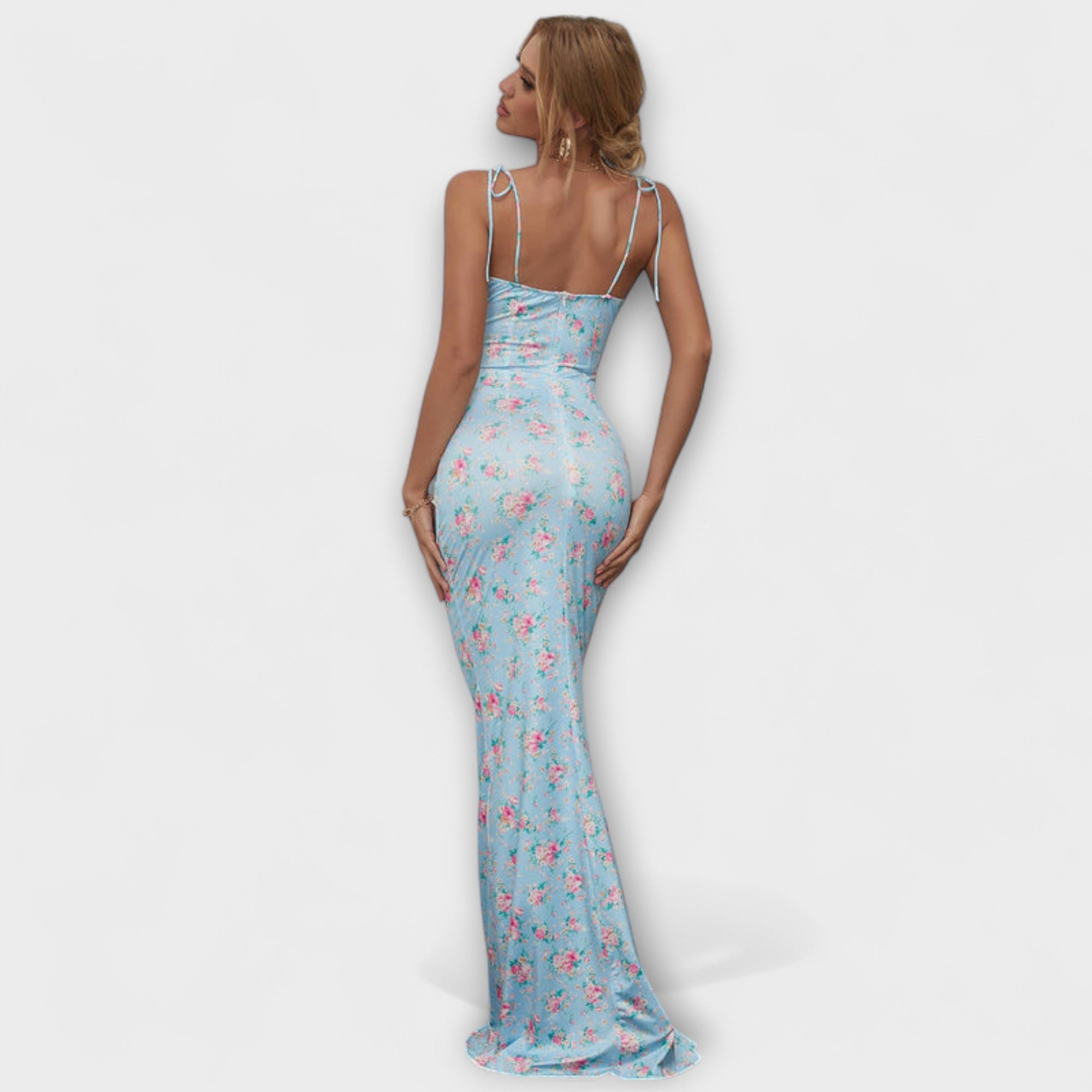 Thalia - sukienka na studniówk? w kwiatowy nadruk z wi?zanymi rami?czkami